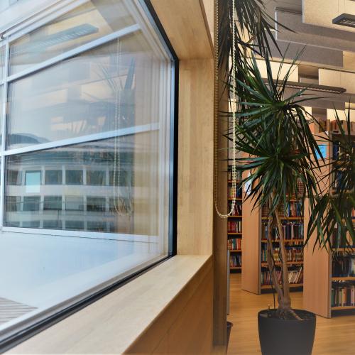 Fenster Spiegelung des anderen Gebäudes gegenüber Bücherregale