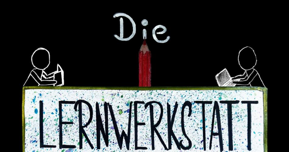 Lernwerkstatt mit rotem Stift und zwei Lernenden_Strichmännchen